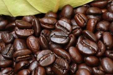 coffee beans onwooden table and dry leave package