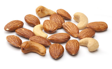 Almond and cashew nut isolated on the white background