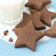chocolate chip cookies in the form of stars on a plate and milk