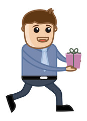 Man Running Holding Gift Box - Cartoon Business Characters