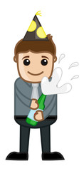 Man Opening Champagne Bottle - Cartoon Business Character