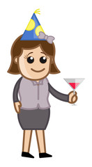 Business Party Girl Drinking - Cartoon Business Character