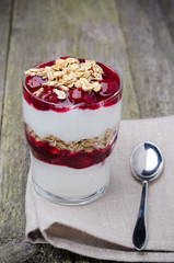 layered dessert with yogurt, granola and cherries on the napkin