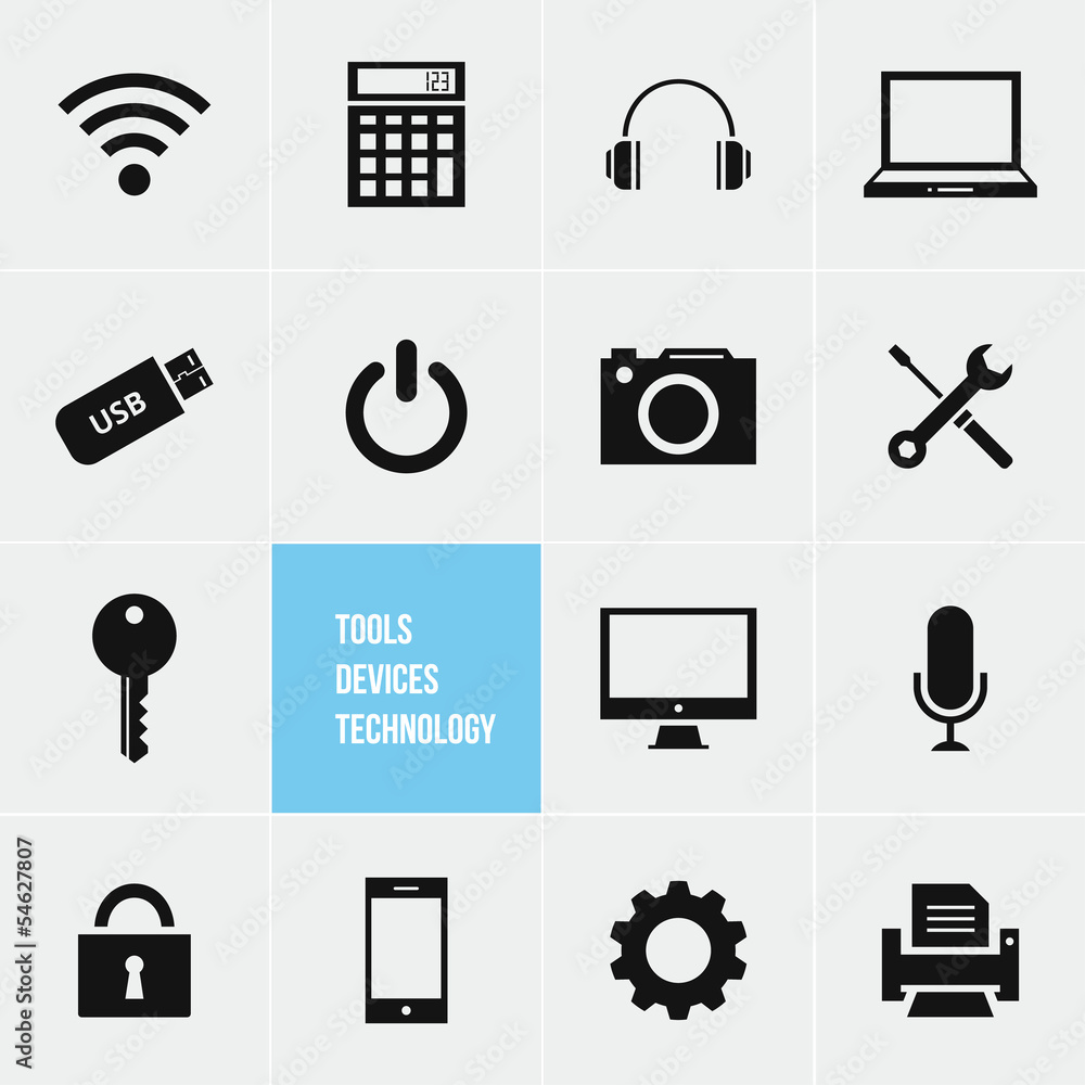 Poster tools devices and technology vector icons set