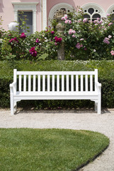 Garden bench in landscaped setting