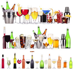 Set of different alcoholic drinks and cocktails