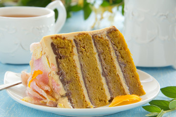 Pumpkin cake with chocolate and caramel cream.