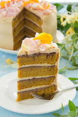 Pumpkin cake with chocolate and caramel cream.