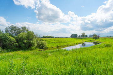 Peaceful rural landscape with river in wide field