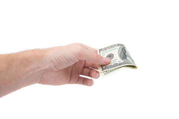 Hundred dollars in man's hand isolated on white