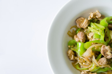 Stir fried pork with green chili pepper.