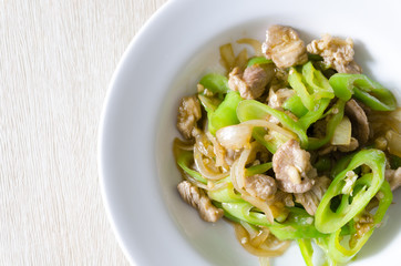 Stir fried pork with green chili pepper.