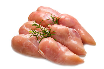 raw chicken fillets close up on white