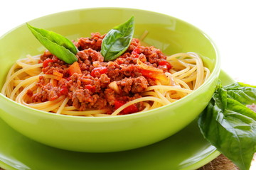 Spaghetti with sauce bolognese close-up.