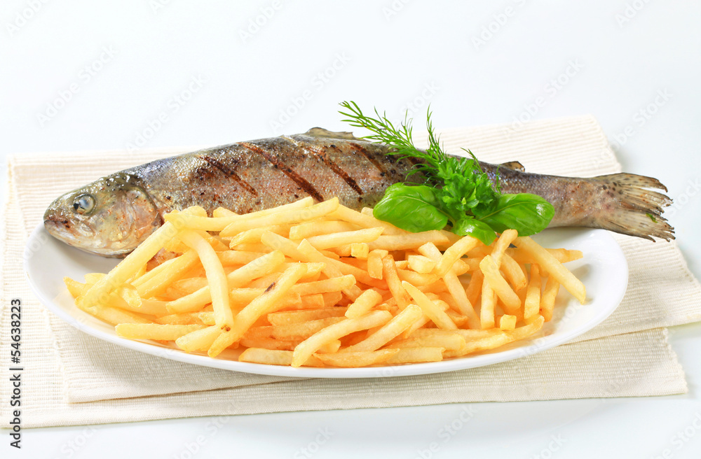 Canvas Prints grilled trout with french fries