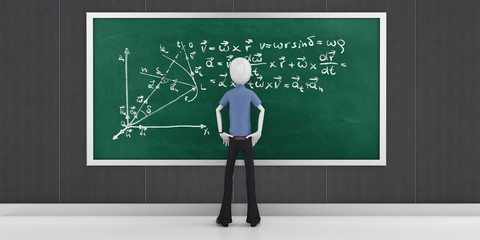 3d man with mathematic equations on a blackboard