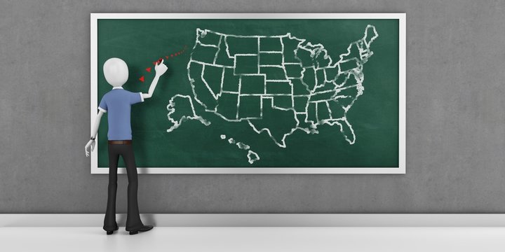 3d man with USA  map on the blackboard