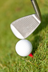 golfball und golfschl&auml;ger tee auf gr&uuml;nem rasen nahaufnahme