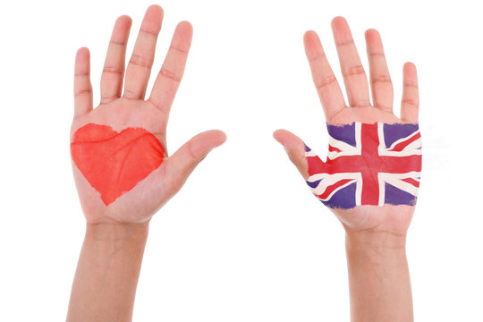 Hands with a painted heart and united kingdom flag, i love uk co