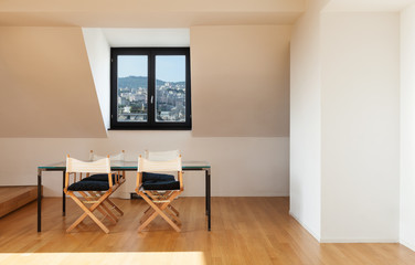 Interior, wide loft, hardwood floor, view dining table