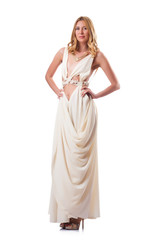 Model wearing fashionable clothing on white