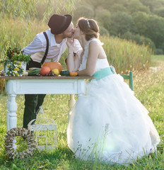 Happy couple on wedding day. Vintage wedding.
