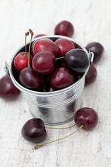 cherries in a metallic bucket