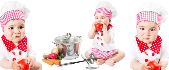 Collage of Baby girl wearing a chef hat with vegetables and pan