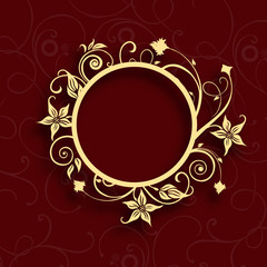 Beautiful floral decorated golden photo frame on abstract backgr