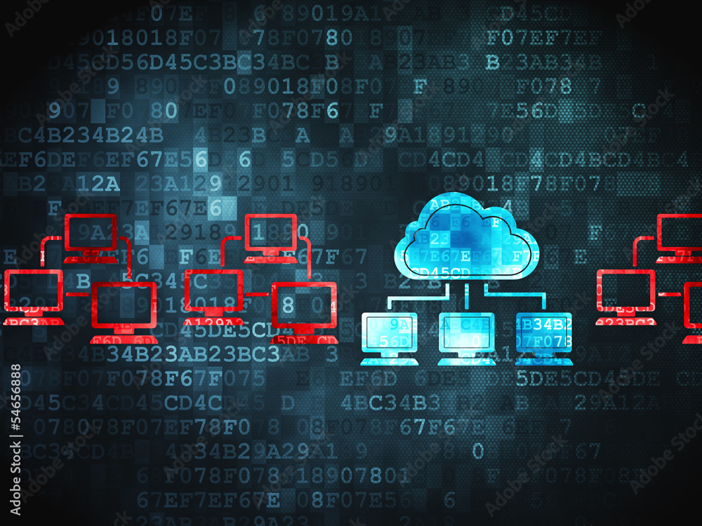 Poster cloud computing concept: cloud technology on digital background