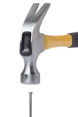Hammer hitting nail on white background