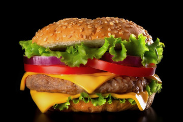 Fototapety  Zbliżenie burgera na czarnym tle