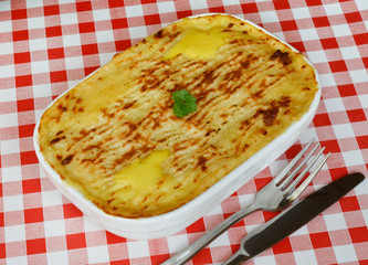 Fish pie on cafe table