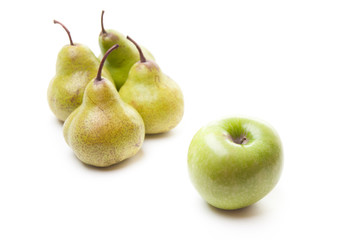 Pears and an apple on white
