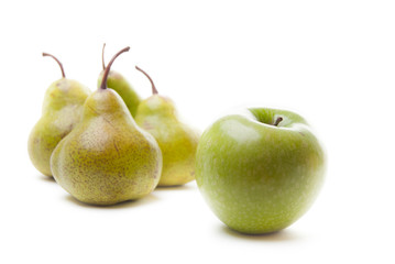 Pears and an apple on white