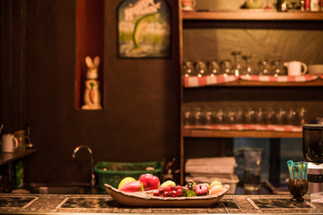Still life with apples and fresh bread