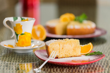Slice of freshly cooked orange cake