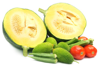 Fresh vegetables – green pumpkin, tomato and okras, and kakrol