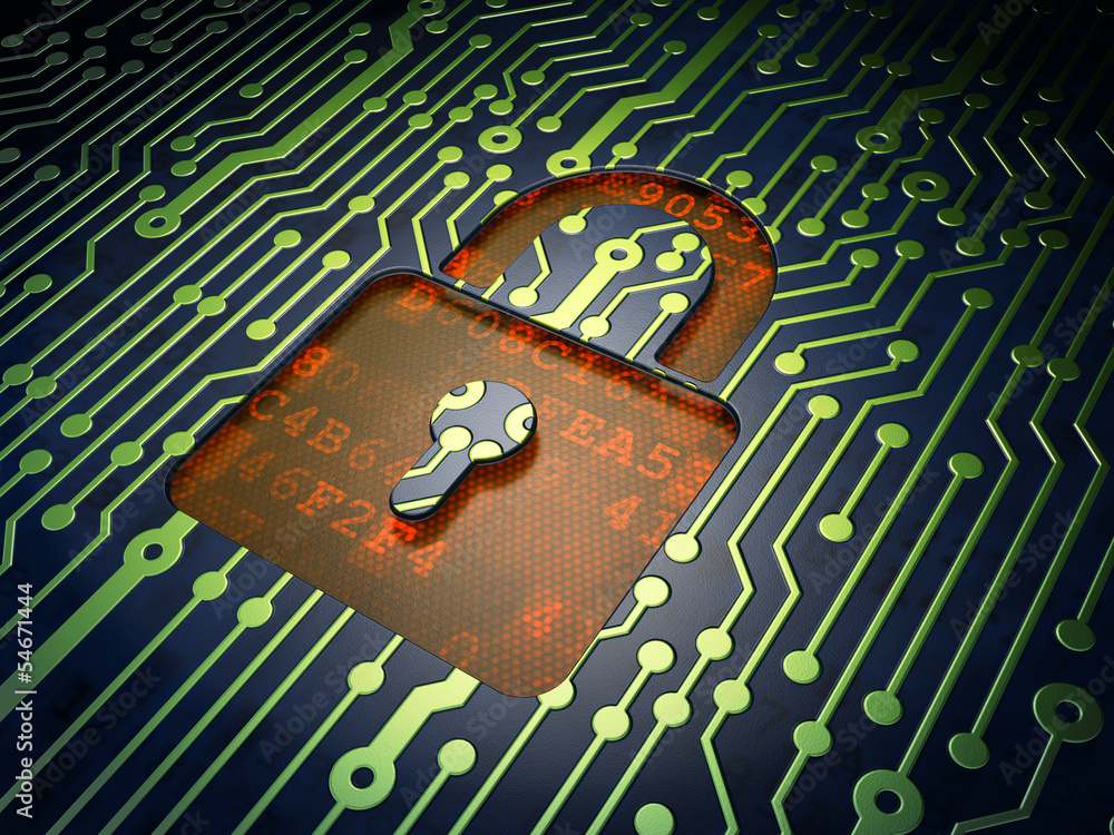 Poster security concept: closed padlock on circuit board background