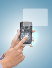 man hand with smartphone and virtual screen