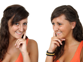 Portret uśmiechniętej dziewczyny, prawy i lewy profil.