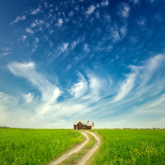 Green Grass Field Landscape with road and fantastic clouds