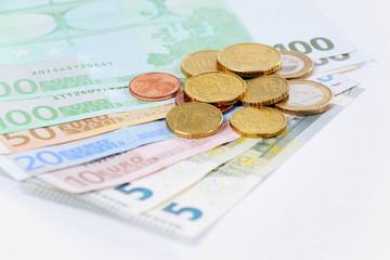 Euro bill and Coins with with white background
