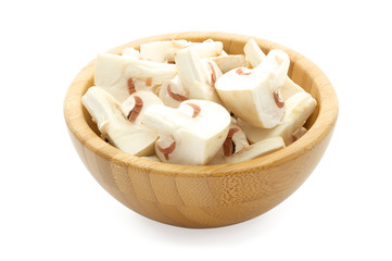 bamboo bowl with mushrooms isolated on white