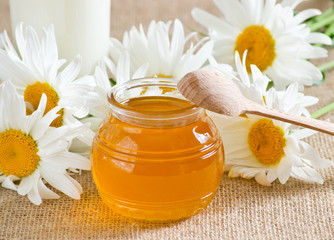 Obraz na płótnie Canvas Bowl with honey and daisies