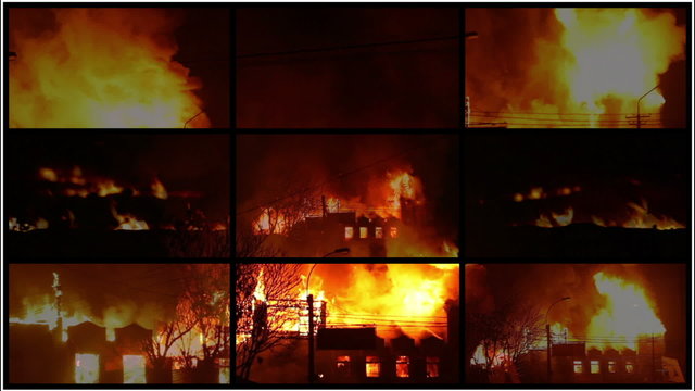 Multi screen with burning buildings, smoke, fire. HD 30 fps