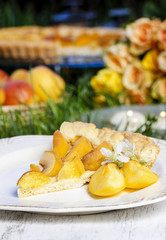 Round apricot cake on cake stand. Garden party, selective focus