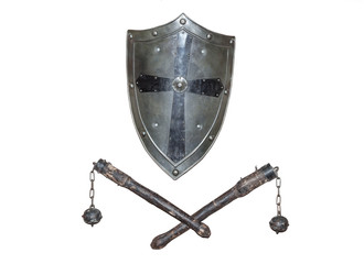 Isolated medieval weapon - flail and shield