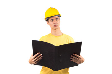 Young foreman with hard hat, isolated on white 