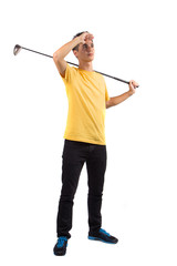 Portrait of young golf player, isolated on white background